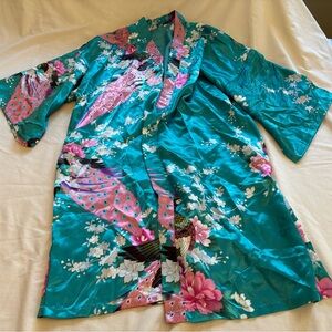 Turquoise Floral & Peacock Satin Kimono Jacket Artsy